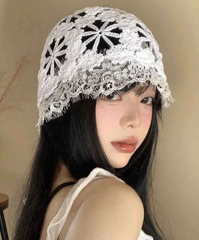 Style Lace Edge Knitted Hollow Flower Thin Boonie Hat - Woolova