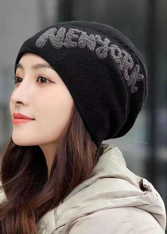 Stylish Black Letter Embroidery Warm Fleece Cotton Knit Bonnie Hat - Woolova