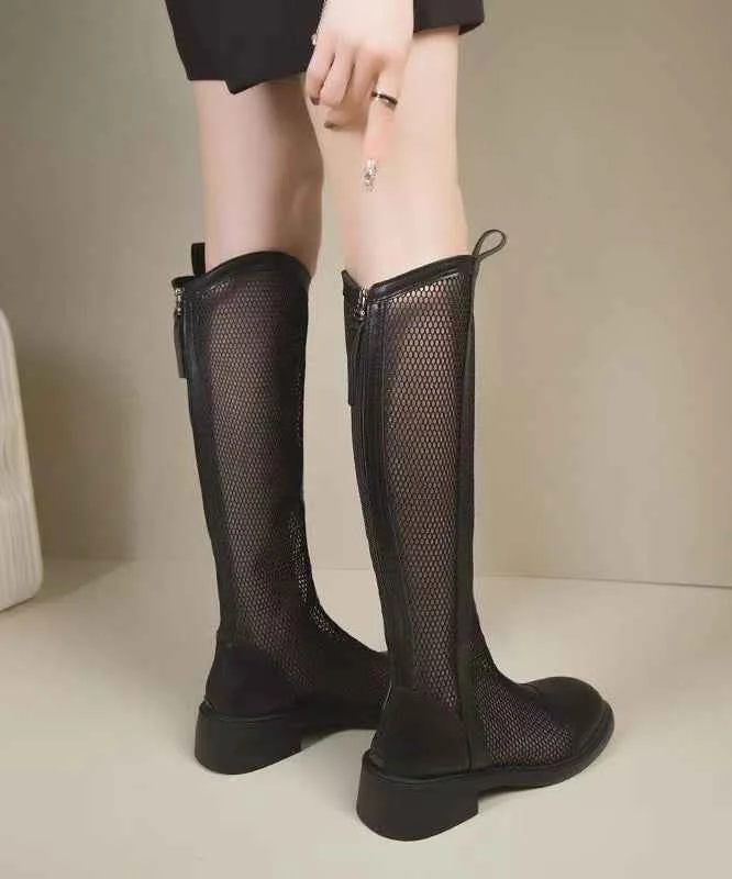 Stylish Breathable Mesh Zippered Splicing Black Boots - Woolova