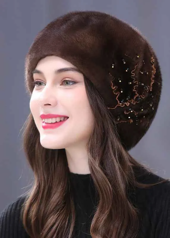 Stylish Coffee Mink Hair Knitted Bonnie Hat - Woolova