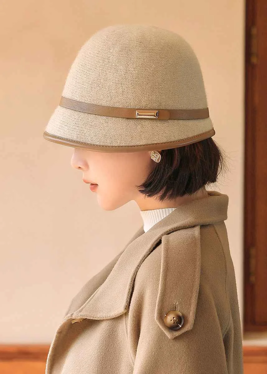 Stylish Light Coffee Autumn And Winter Warm Woolen Bucket Hat - Woolova