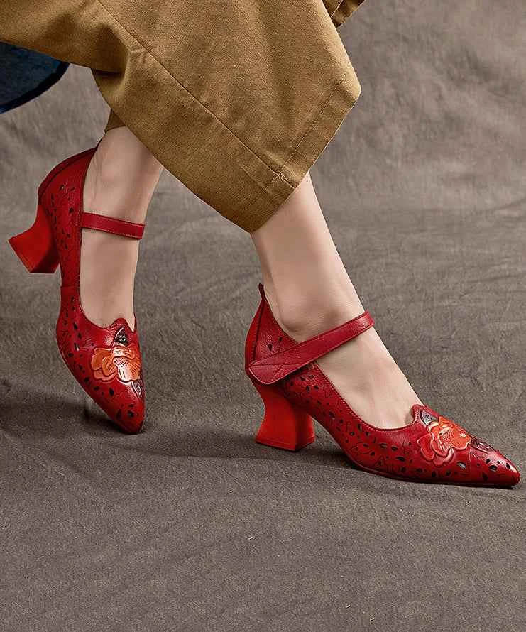 Stylish Red Hollow Out Buckle Strap Platform Chunky High Heels - Woolova