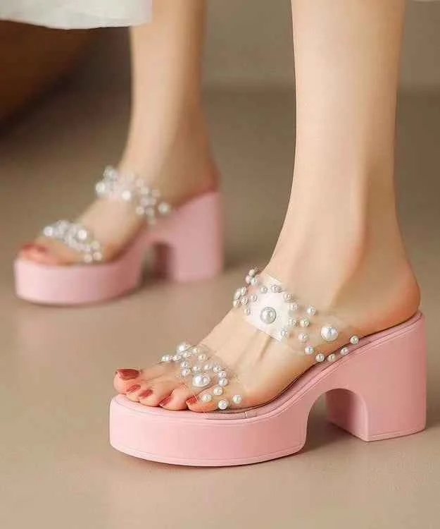 Stylish Splicing Platform Pink Slide Sandals Nail Bead - Woolova
