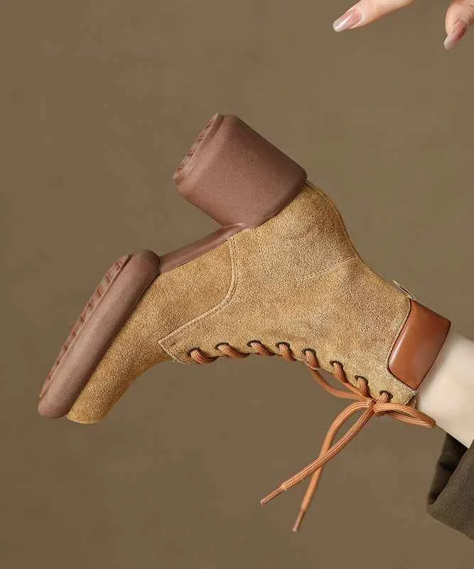 Suede Chunky Heel Boots Apricot Stylish Splicing Lace Up - Woolova