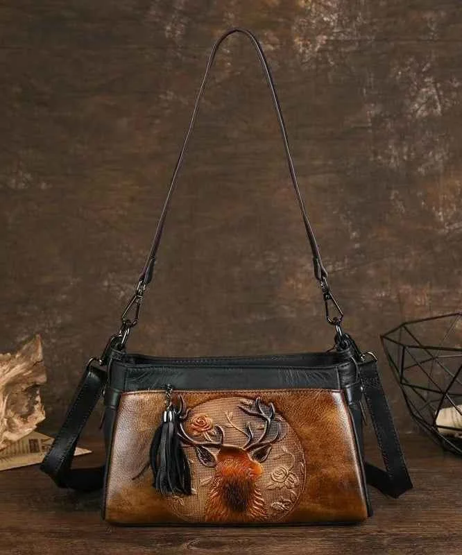 Unique Brown Animal Embossed Calf Leather Messenger Bag - Woolova