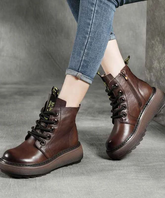 Unique Cross Strap Boots Brown Warm Fleece Cowhide Leather - Woolova