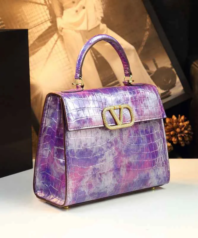 Unique Purple Embossed Solid Durable Calf Leather Tote Handbag - Woolova