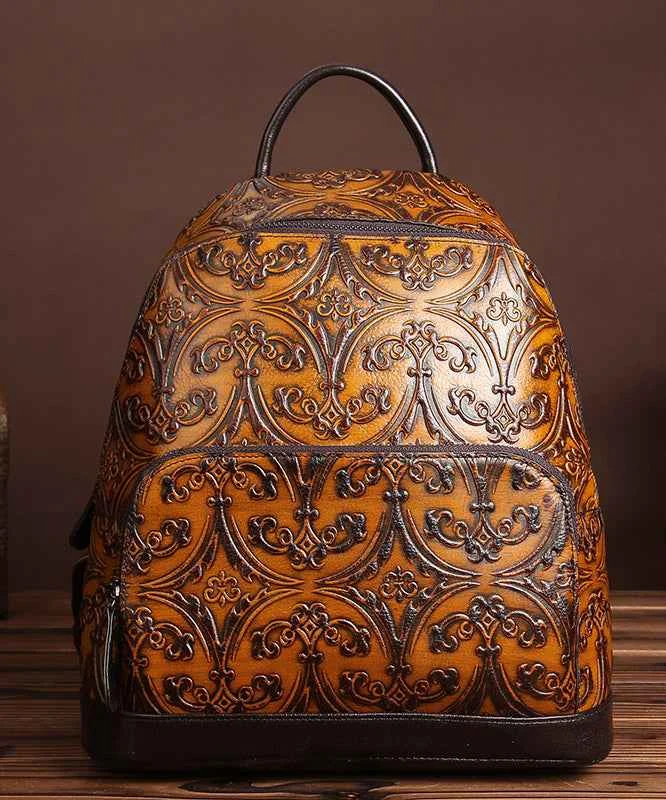 Unique Yellow Embossed Large Capacity Calf Leather Backpack Bag - Woolova