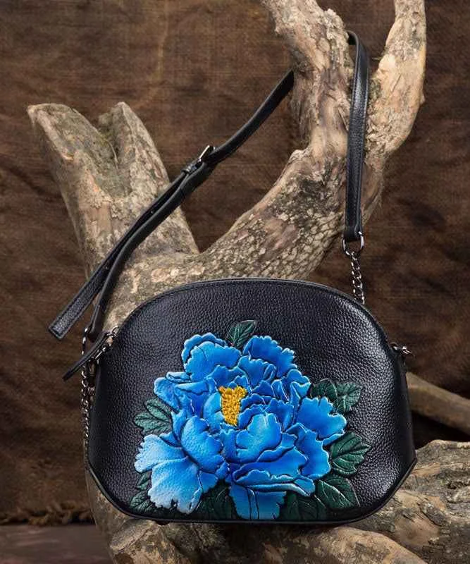 Vintage Blue Peony Embossing Calf Leather Satchel Bag Handbag - Woolova