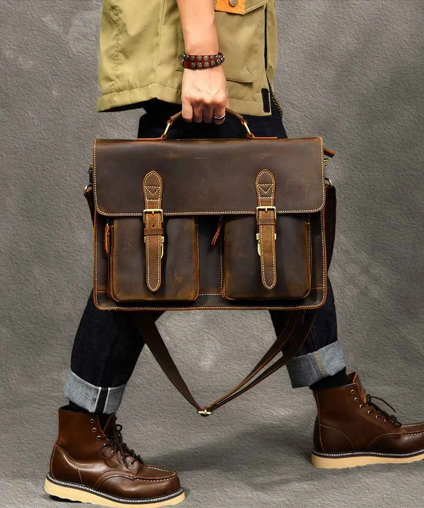 Vintage Brown Postman Pockets Fine Calf Leather Man's Tote Handbag - Woolova