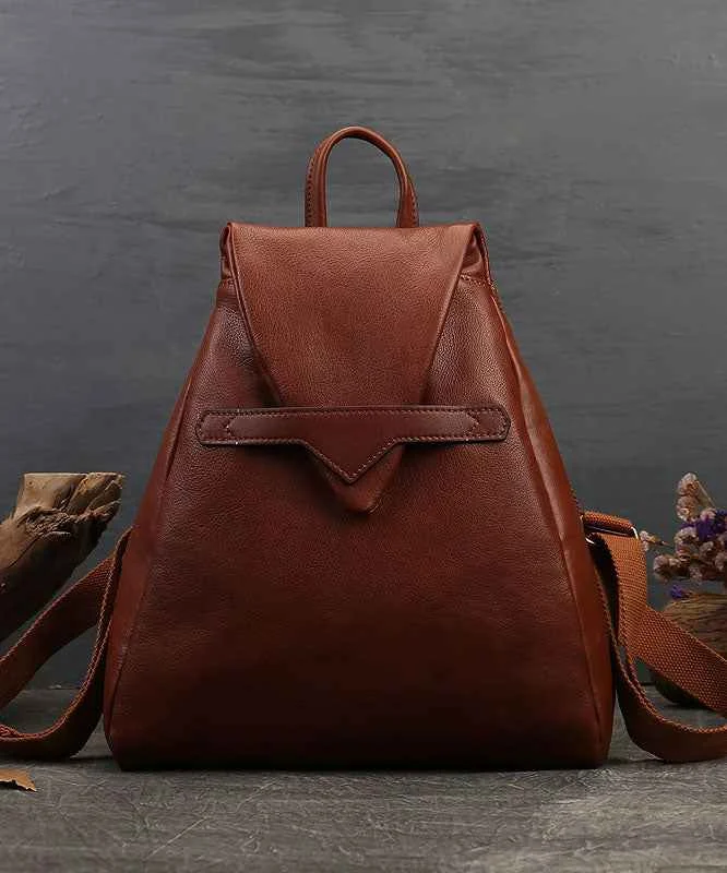 Vintage Brown Solid Color Calf Leather Backpack Bag - Woolova