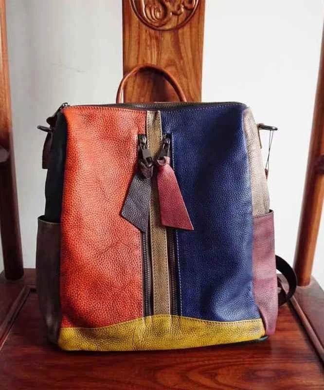 Vintage Colorblock Patchwork Calf Leather Backpack - Woolova