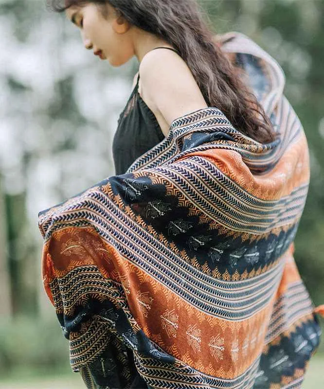 Vintage Colorblock Tasseled Print Cotton Scarf - Woolova