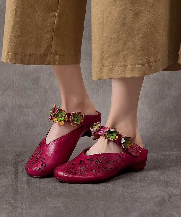Vintage Purple Hollow Out Floral Cowhide Leather Slide Sandals - Woolova