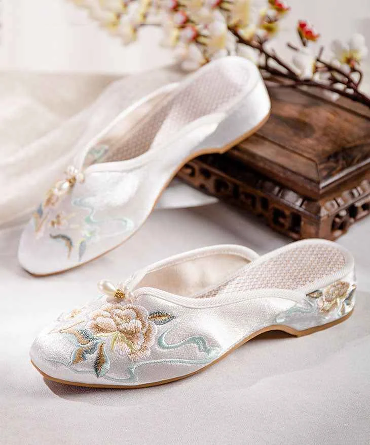 White Slide Sandals Chunky Cotton Fabric Comfortable Embroideried Splicing - Woolova