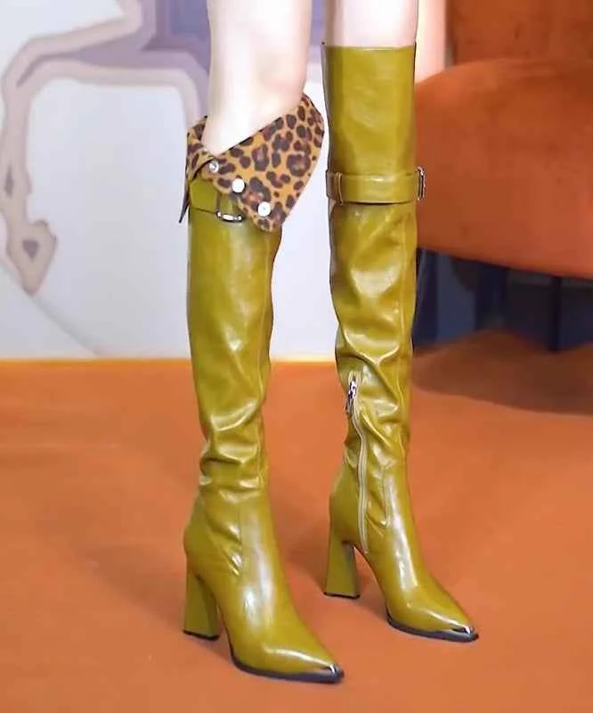 Yellow Chunky Heel Faux Leather Chic Splicing Boots - Woolova