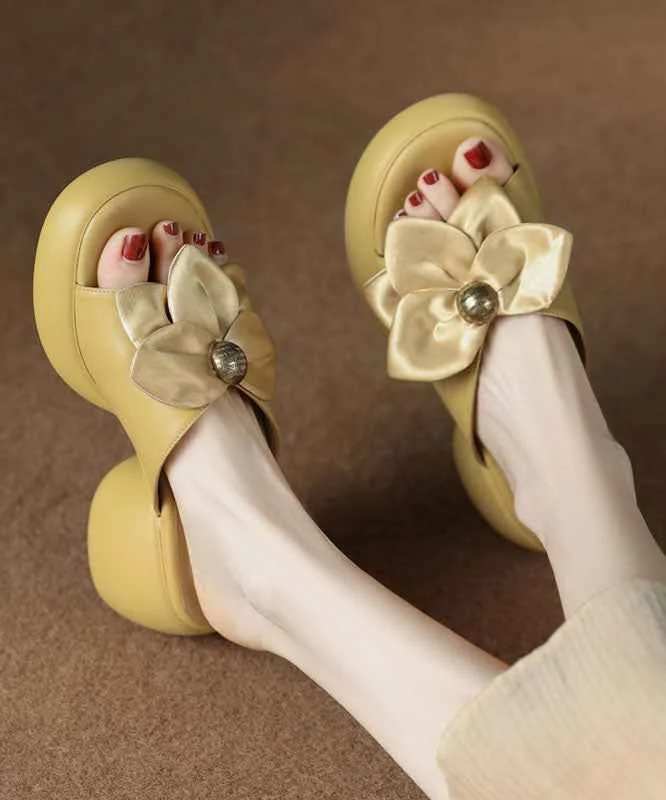 Yellow Faux Leather Boho Bow Splicing Chunky Slide Sandals - Woolova