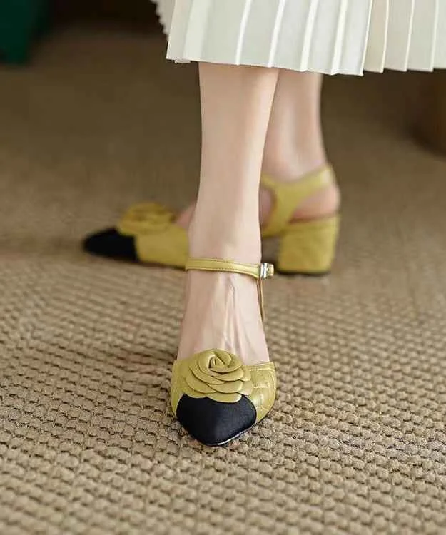 Yellow Pointed Toe Floral Chunky Heel Faux Leather Fashion Sandals - Woolova