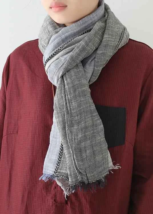 winter black blue gray patchwork color scarf cotton linen women vintage scarves - Woolova