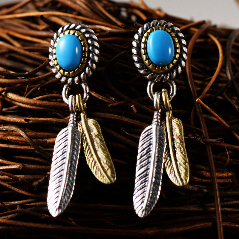Indian Feather Inlaid Turquoise Earrings-Woolova