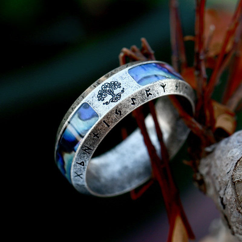 Vintage Tree of Life Rune Stainless Steel Shell Ring-Woolova