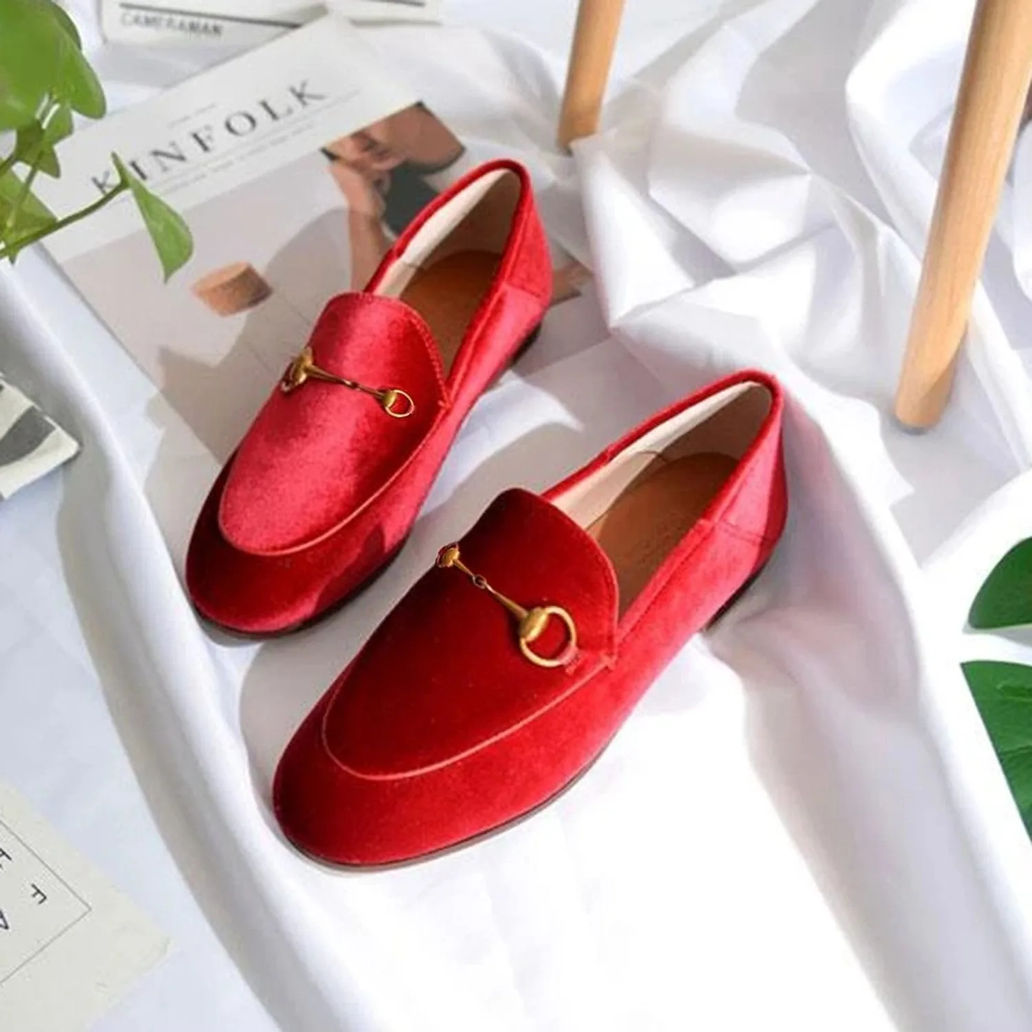 Women Classic Metal Buckle Velvet Loafers Flat Shoes-Woolova