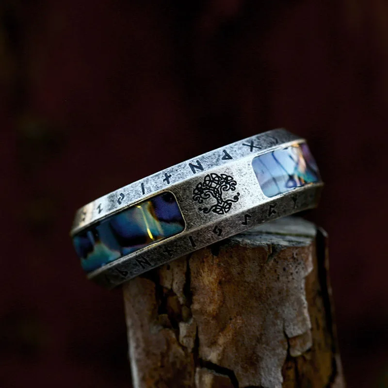Vintage Tree of Life Rune Stainless Steel Shell Ring-Woolova