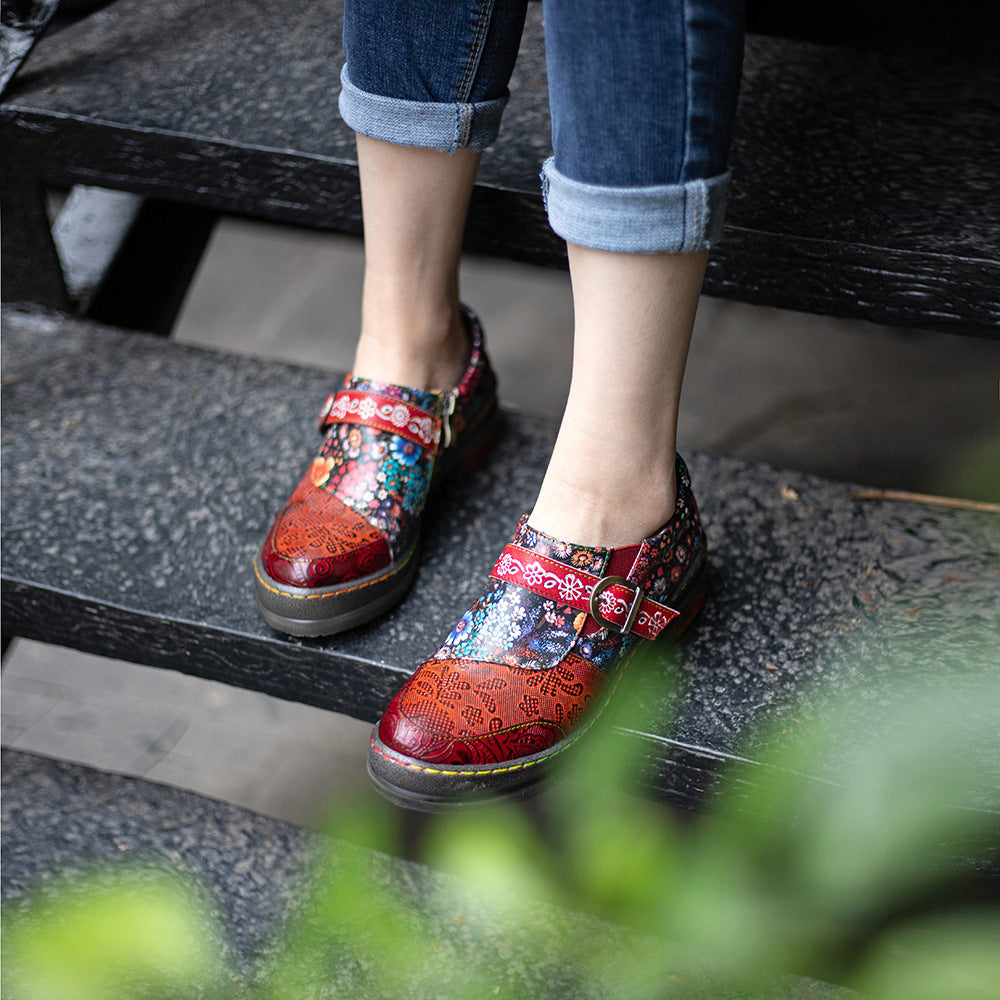 Leather Colorful Flower Patchwork Flat Vintage Boho Brogues Women's Shoes-Woolova