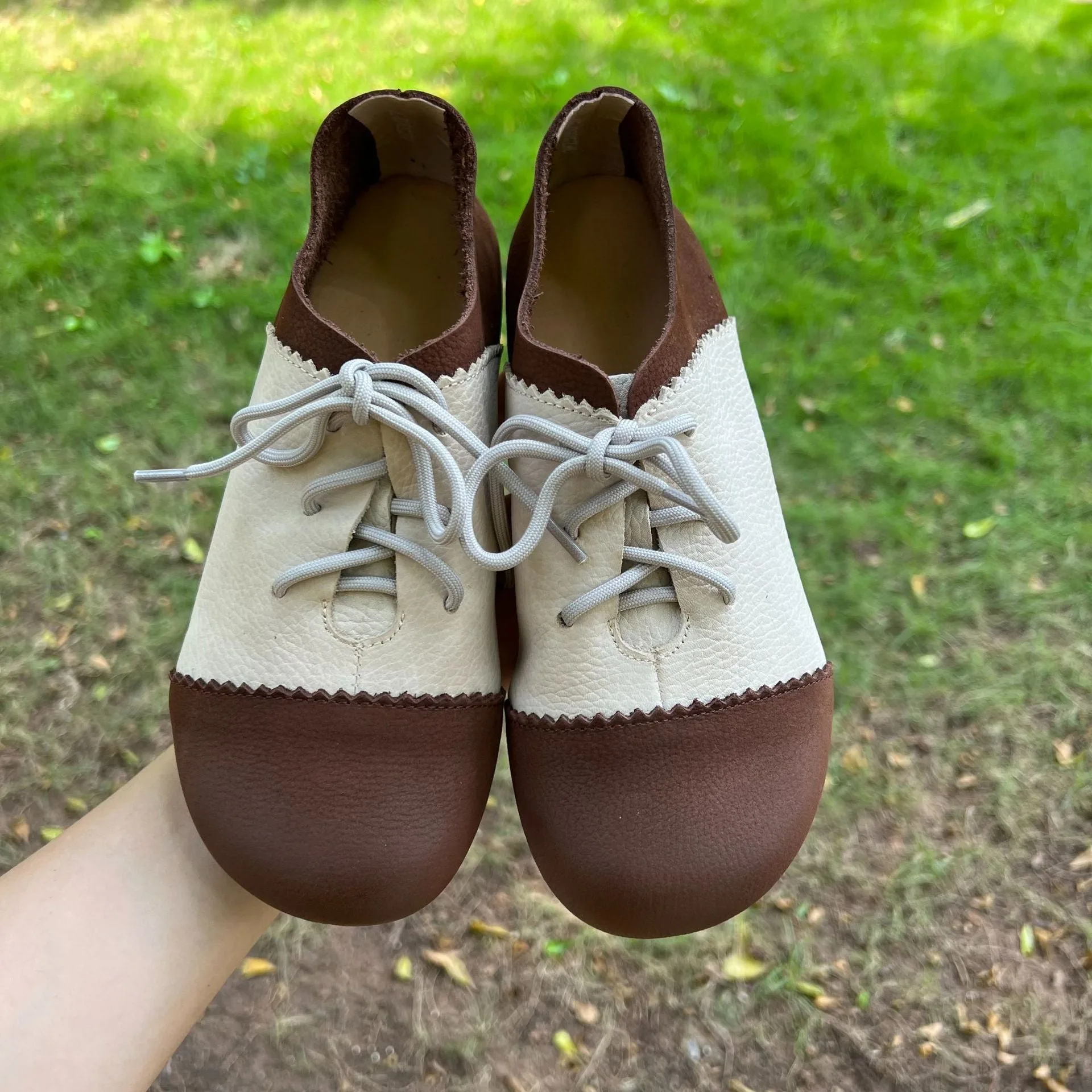 Retro Round Toe Flats For Women Lace Up Shoes-Woolova