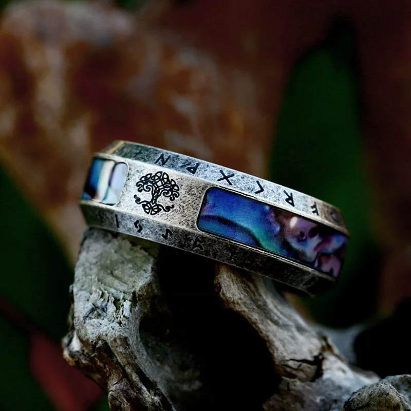 Vintage Tree of Life Rune Stainless Steel Shell Ring-Woolova
