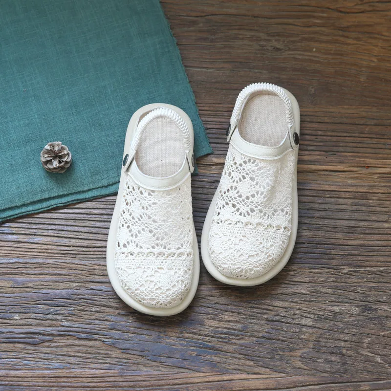 Women Retro Hollow Canvas Flat Casual Sandals-Woolova