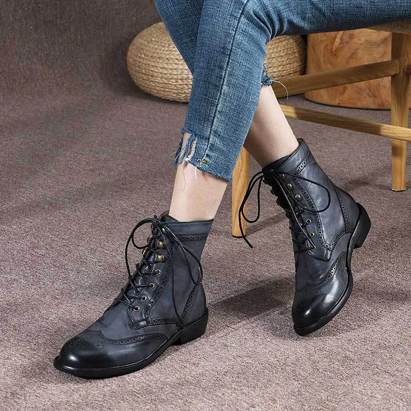 Handmade Womens's Leather Ankle Lace Up Carving Brogue Boots-Woolova