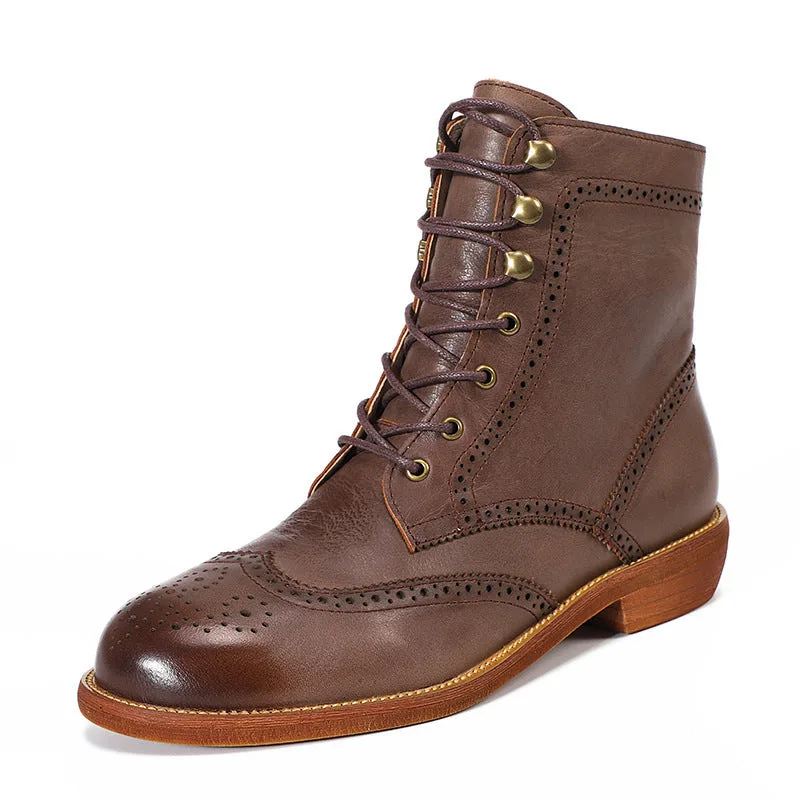 Handmade Womens's Leather Ankle Lace Up Carving Brogue Boots-Woolova