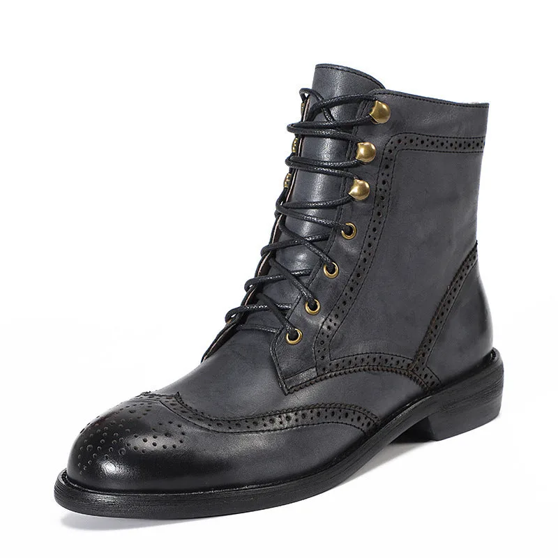 Handmade Womens's Leather Ankle Lace Up Carving Brogue Boots-Woolova