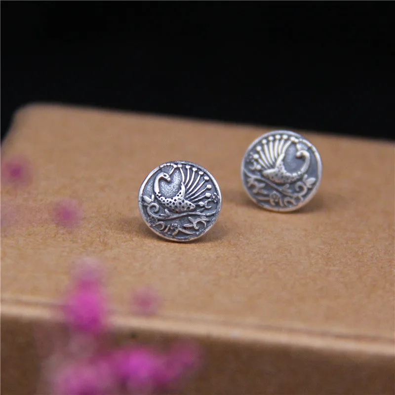 Round Peacock Stud Earrings-Woolova