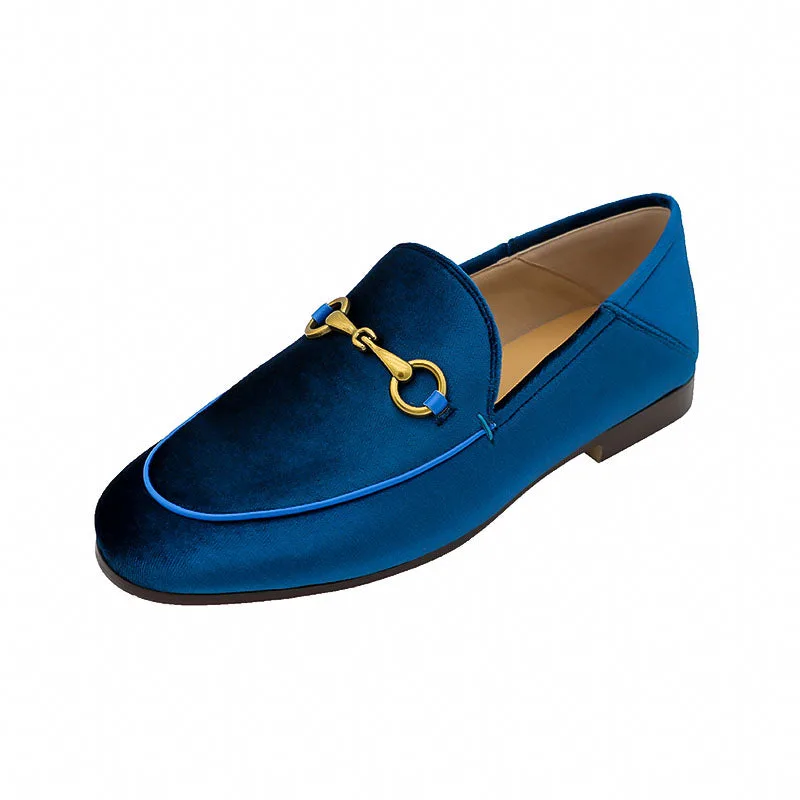Women Classic Metal Buckle Velvet Loafers Flat Shoes-Woolova