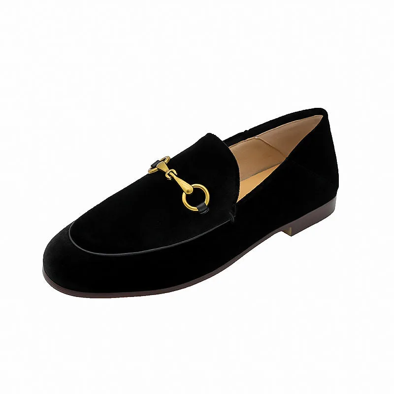 Women Classic Metal Buckle Velvet Loafers Flat Shoes-Woolova