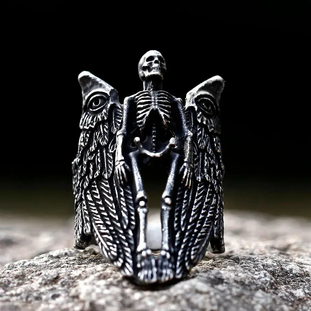 Angel Wing Skull Stainless Steel Ring-Woolova