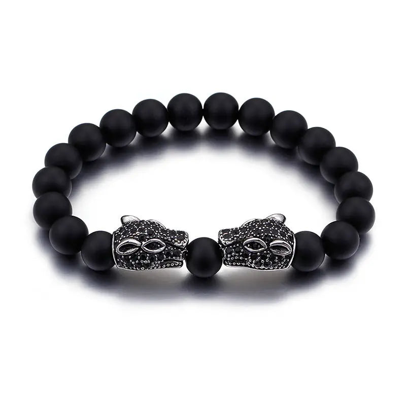 Black Agate Round Bead Panther Head Bracelet-Woolova