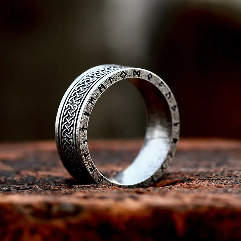 Celtic Knot With Runes Engraved Stainless Steel Ring-Woolova