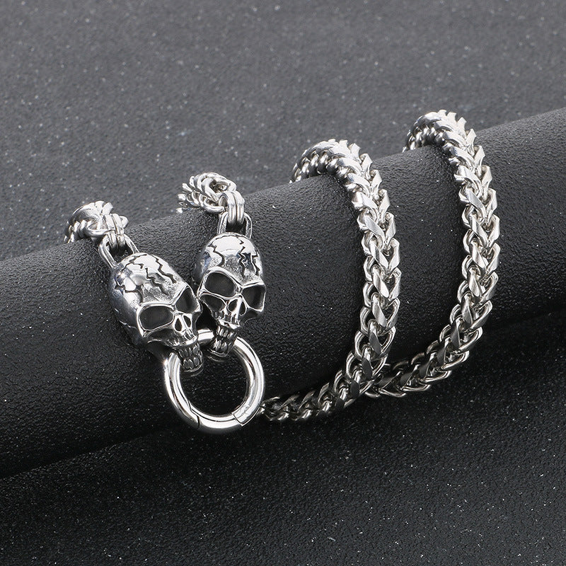 Double Dragon Skull Spine Titanium Steel Men's Necklace-Woolova
