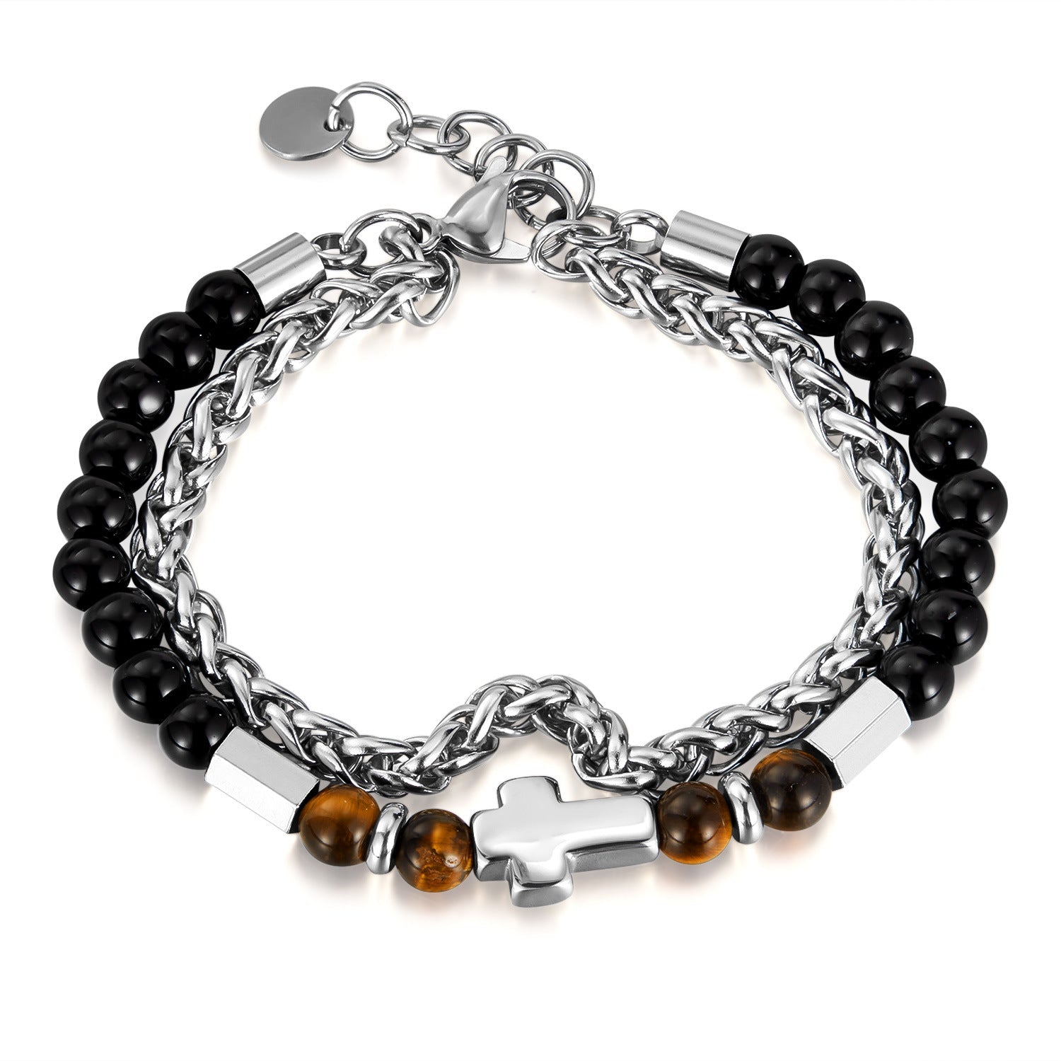 Double Layer Tiger Eye Stone Cross Bracelet-Woolova