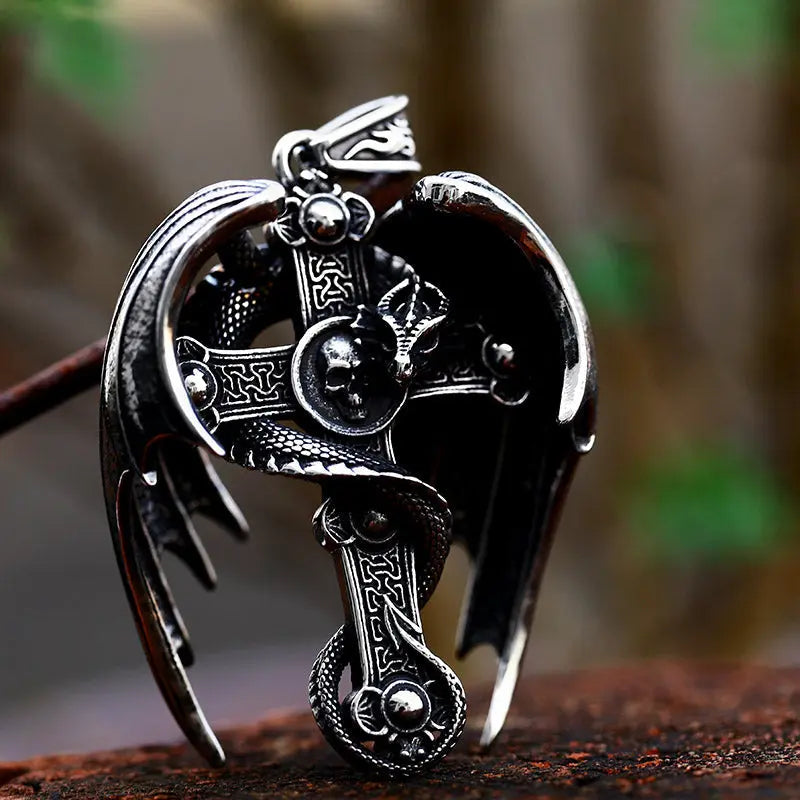 Dragon Wings Cross Skull Pendant-Woolova