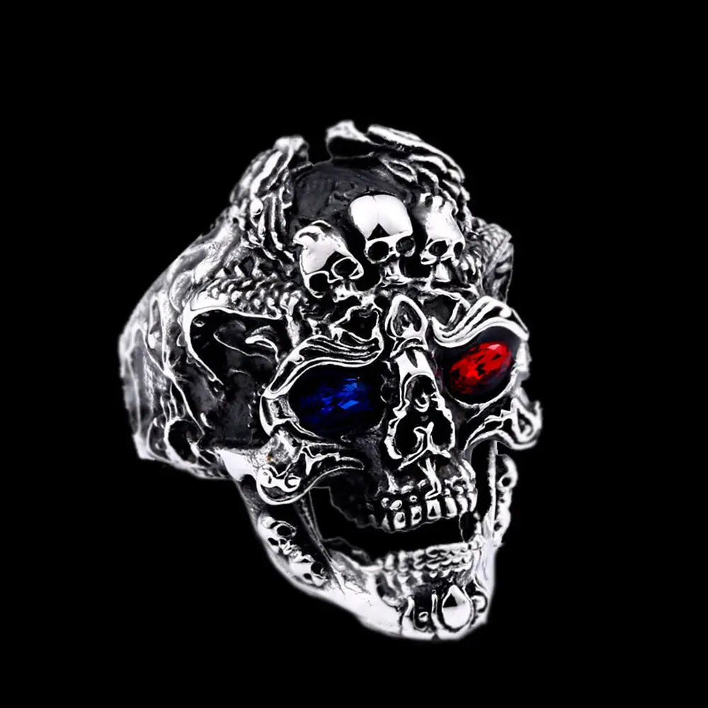 Gemstone Eyes Skull Stainless Steel Biker Ring-Woolova