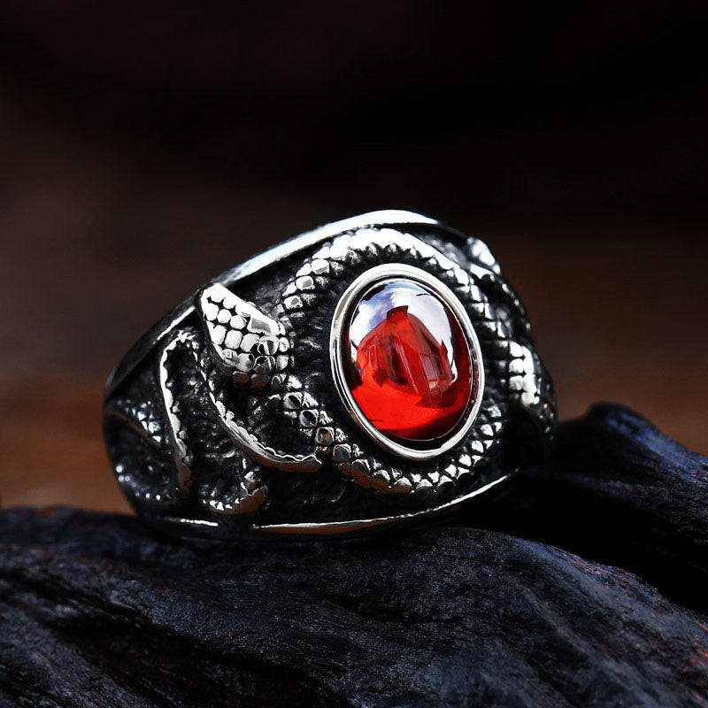 Gemstone-Inlaid Dual-Headed Snake Stainless Steel Ring-Woolova