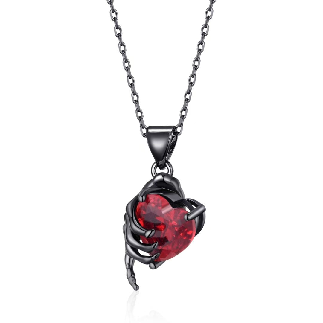Gothic Hand Holding Red Heart Gemstone Necklace-Woolova