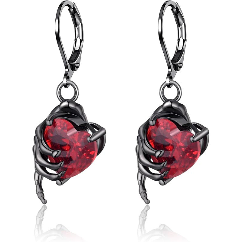 Gothic Skull Hand with Heart-Shaped Gemstone Hoop Earrings-Woolova