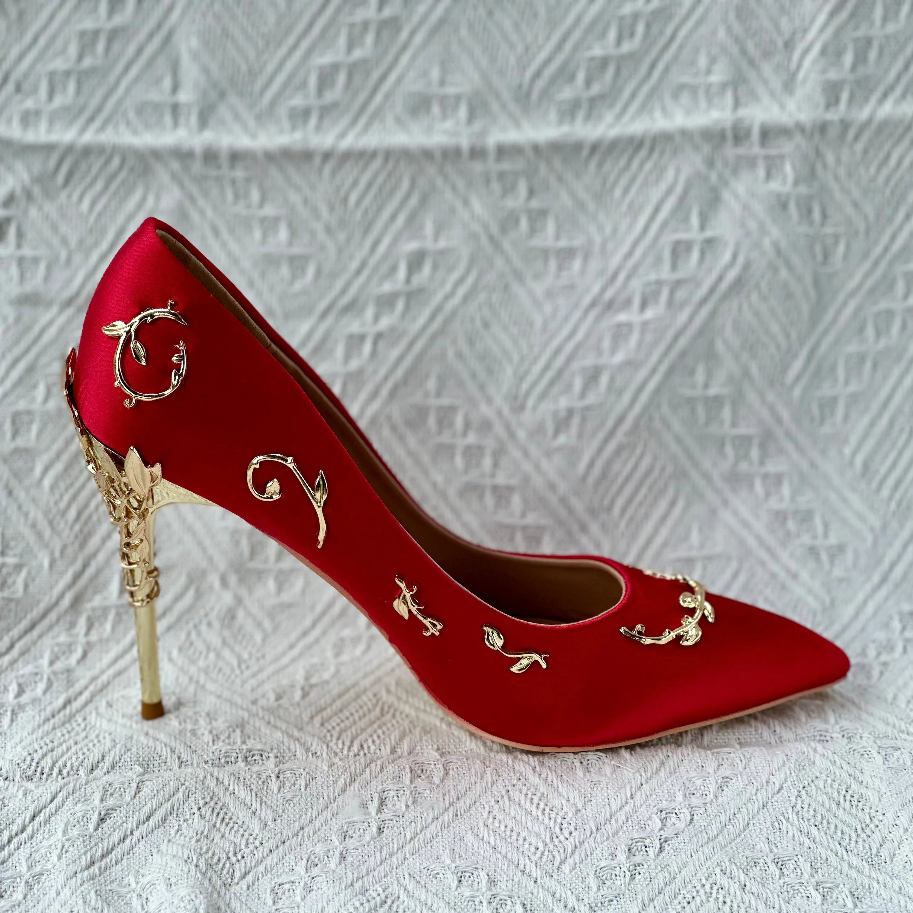 Women Flower Heel Wedding Shoes Elegant Silk High Heels Pumps-Woolova