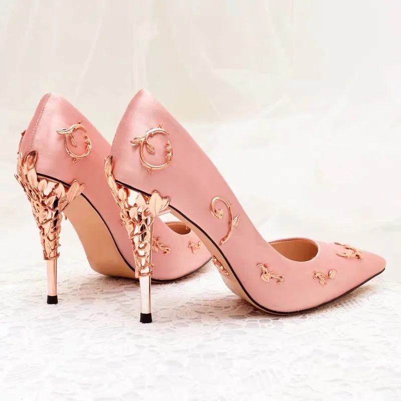 Women Flower Heel Wedding Shoes Elegant Silk High Heels Pumps-Woolova