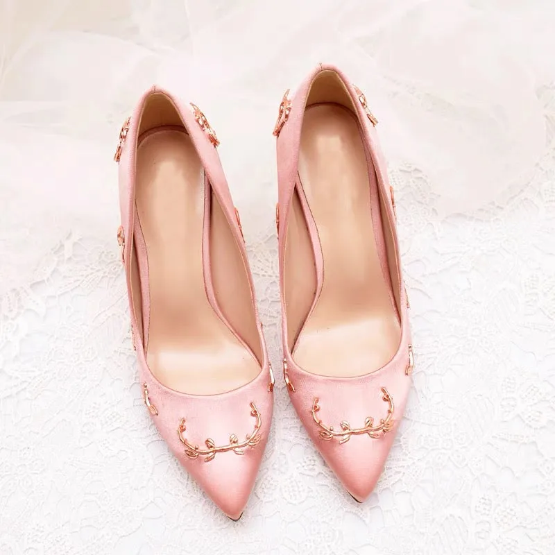 Women Flower Heel Wedding Shoes Elegant Silk High Heels Pumps-Woolova